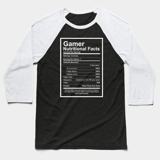 Gamer Nutritional Facts Baseball T-Shirt by Issho Ni